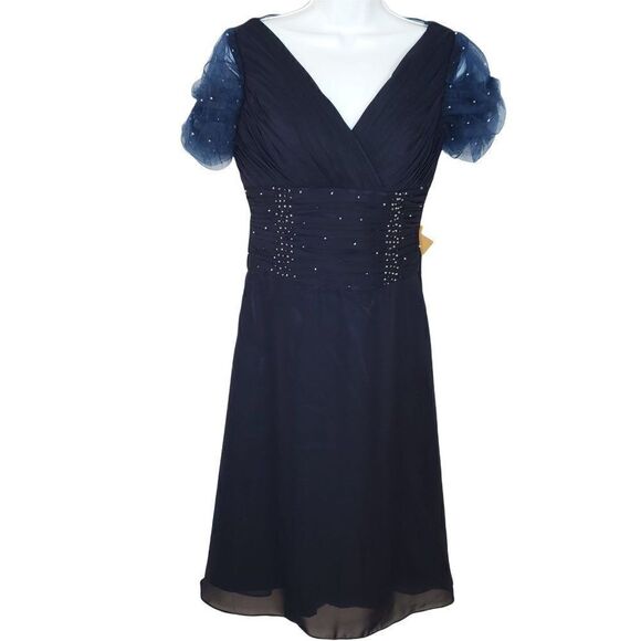 NEW Light in the Box Dress Navy Blue Sz 6 Beaded V Neck Gathered Bodice A Line - Picture 1 of 6